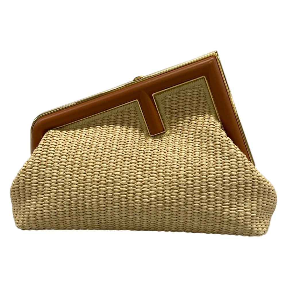 Fendi First Small Clutch Bag 8BP129 Beige Brown Raffia Leather